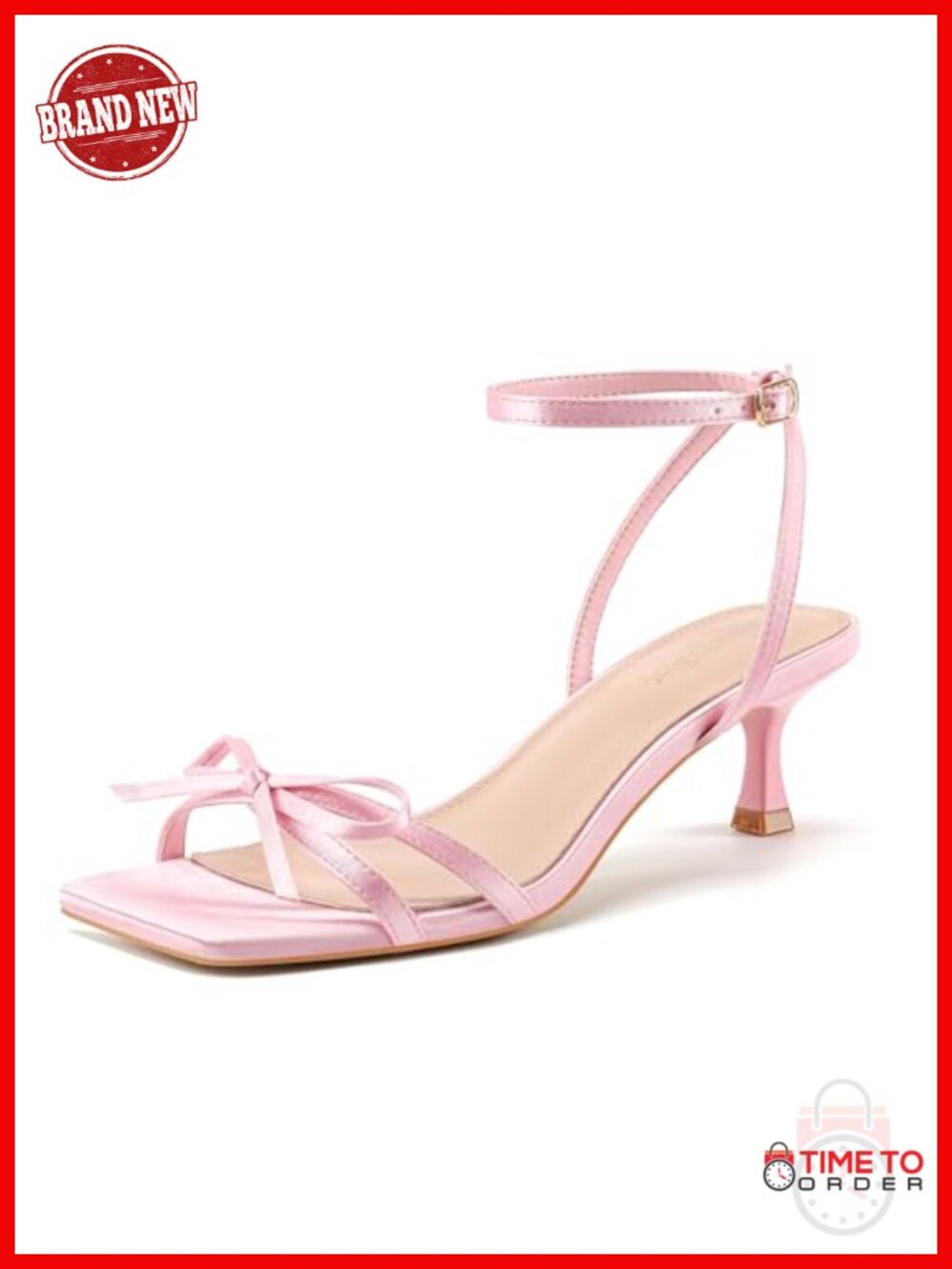Kitten Heels with Bow Strappy Low Square Open Toe Heeled Sandals Faux Leather